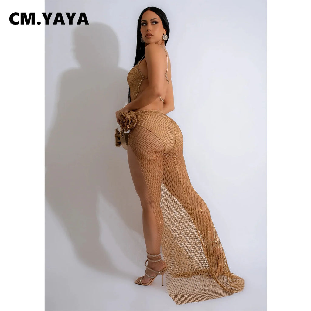 CM.YAYA Women Spaghetti Strap Diamonds Hot Rhinestones High Side Split Mesh Maxi Dress 2024 Sexy Club Even Party Dresses Vestido