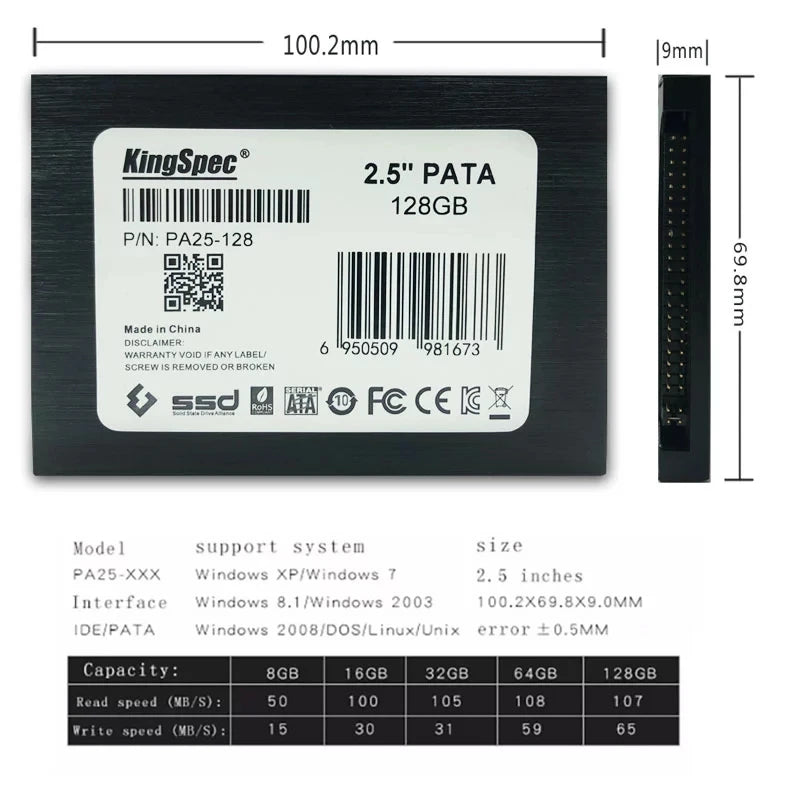 Kingspec 2.5 inch PATA ID ESSD Drive 44pin PATA SSD HD 8GB 16G 32GB 64GB 128GB 256GB 4C MLC ide ssd 2.5 for notebook Replace