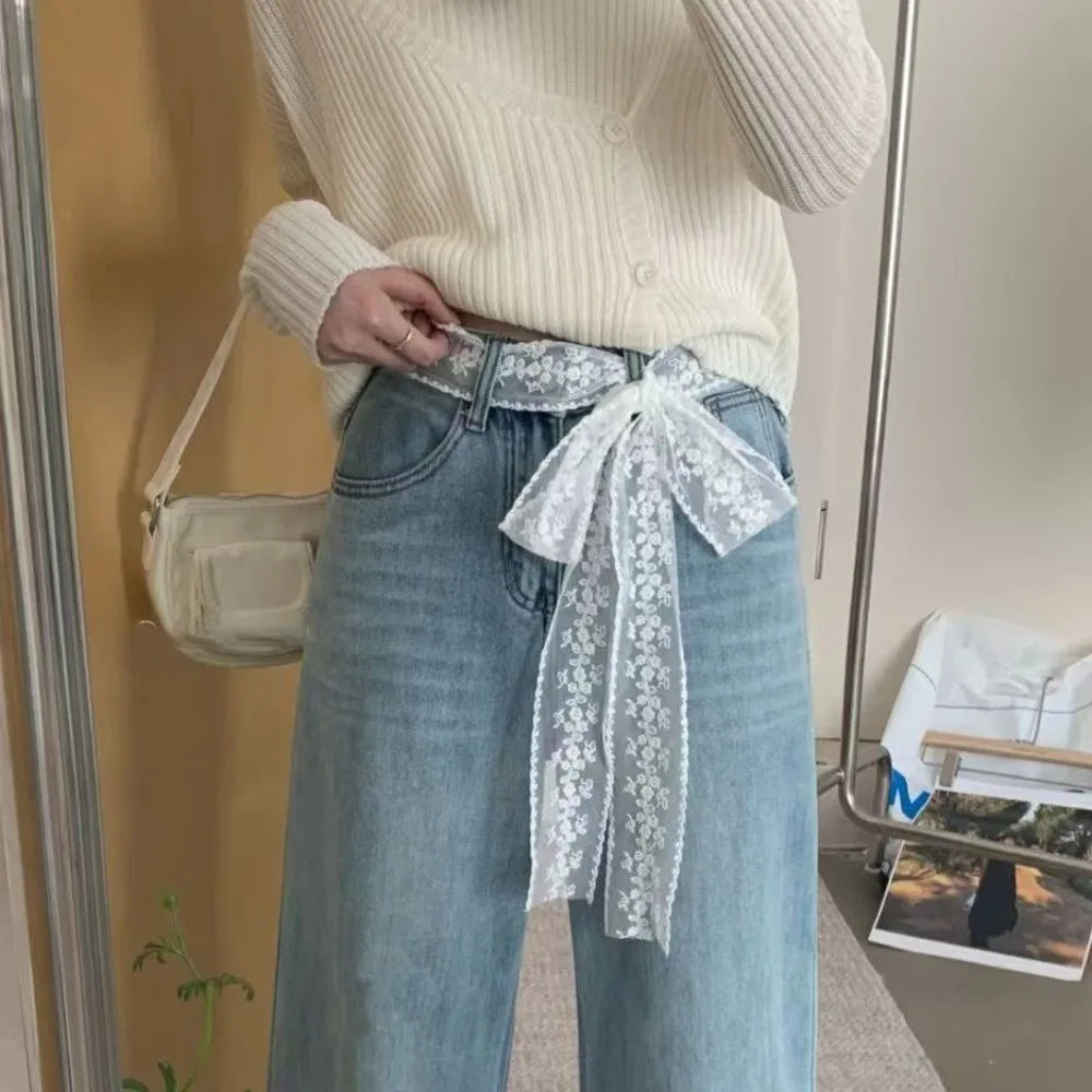 Unique Y2k Long Lace Waistband Bow Thin Lace Waist Belt Tie Up Floral Dress Jeans Belt Summer
