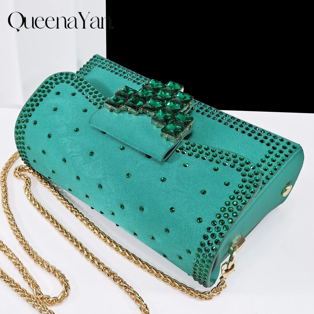 Queen Yan Green Color Rhinestone Comfortable Women's Pumps Heels And Bag Fashion Style Pointed-Toe Shoes For Farty  Occasion