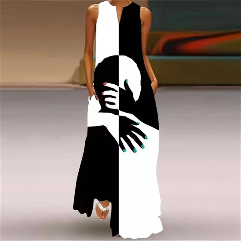 Summer Outdoor Street Fashion Women's Long Dress New Abstract Art Print Dress Sleeveless Vest V-Neck Fashion Women's Party Dress