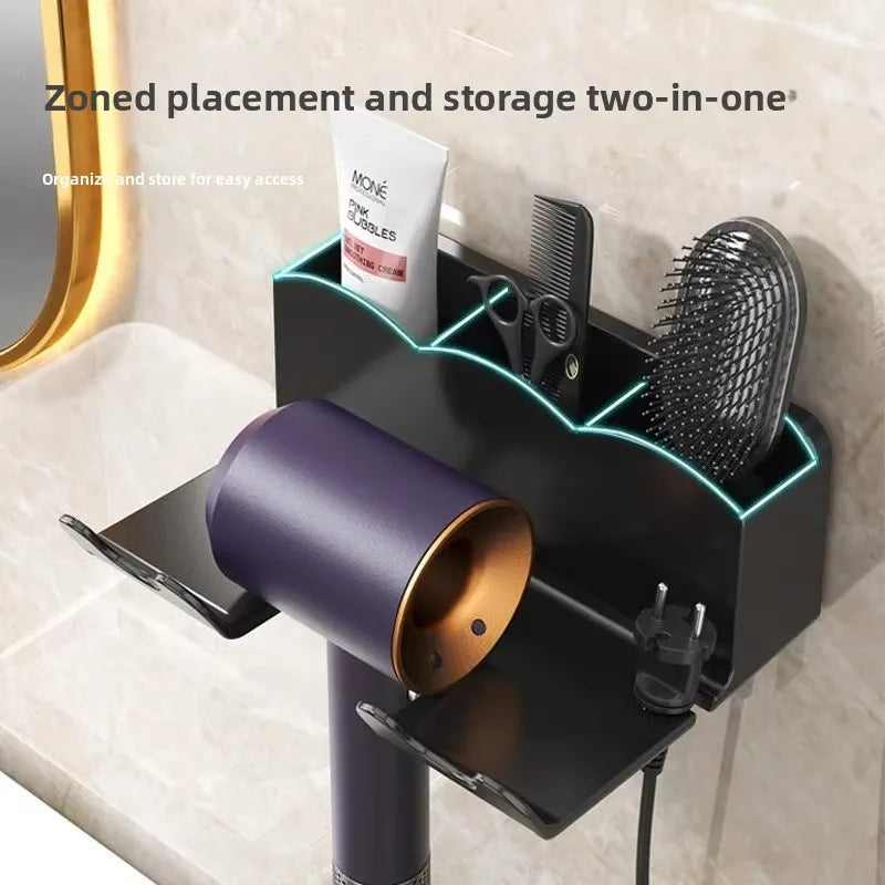 Hair Dryer Storage Rack Wall Mounted 2 in 1 Partition Hands Free Easy Install No Drill Shower Accessory Compact Storage Lazy Hol