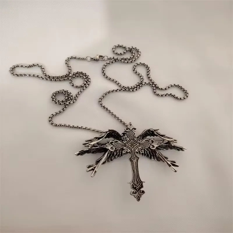 Vintage Cross Pendant Necklace Unisex Versatile Simple Long Sweater Chain Hip Hop Accessory