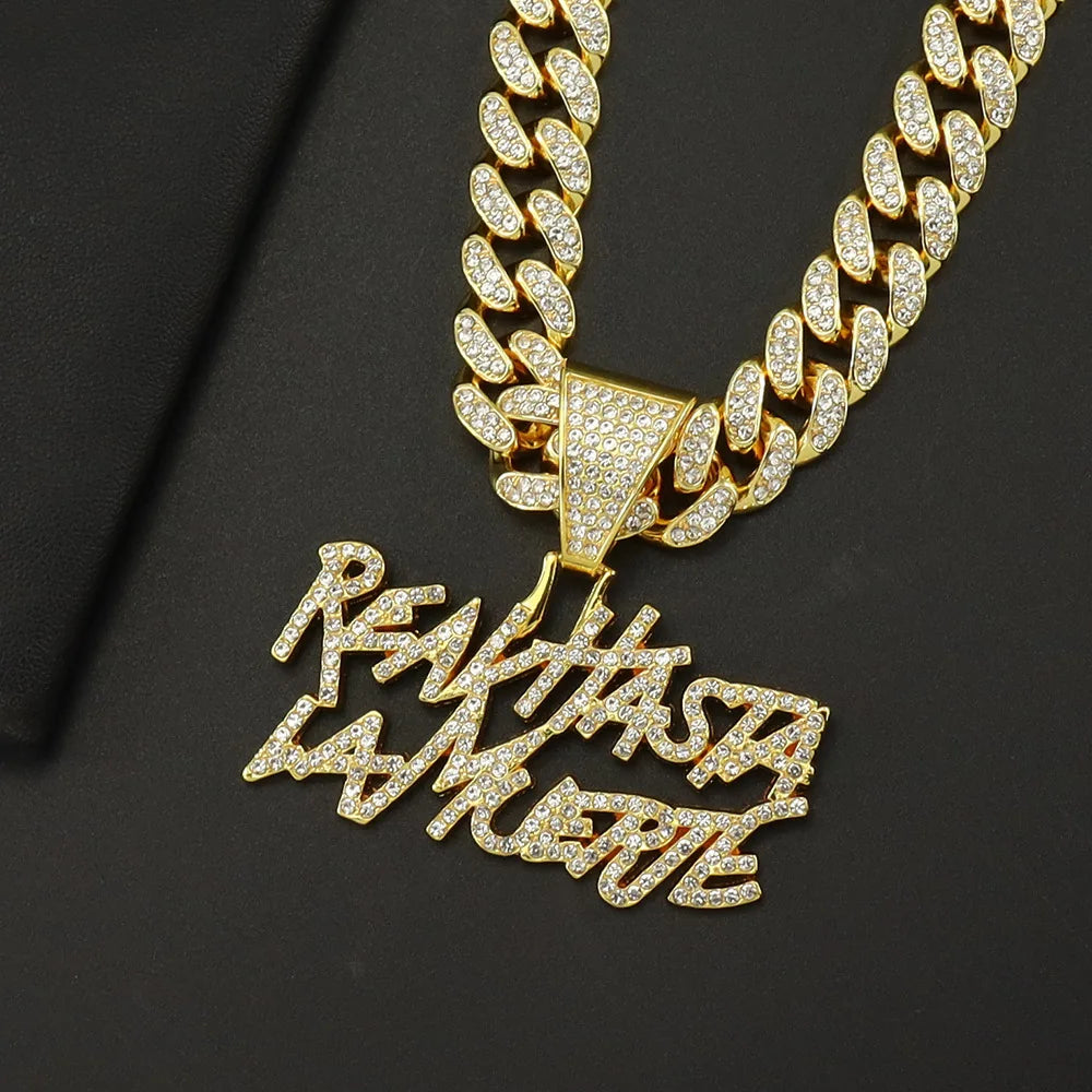 ZAKOL Hip Hop Letter Pendant Necklace for Women Men Shiny Rhinestones 13MM Cuban Chain Necklaces Fashion Jewelry Gifts