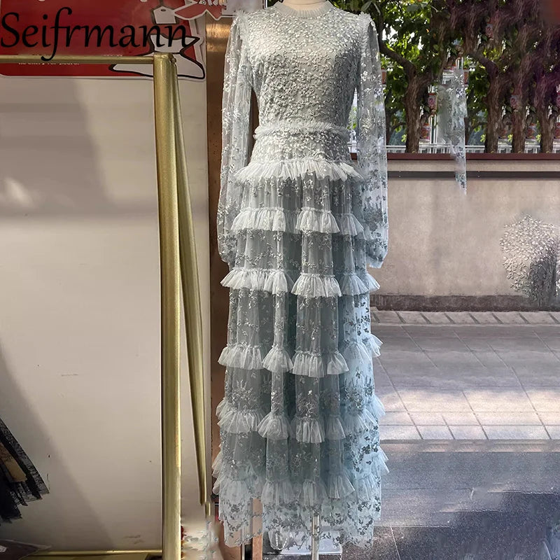 Seifrmann 2026 Spring Women's New Fashionable Round Neck Long Sleeve Mesh Embroidered Waist cinching Long Dress