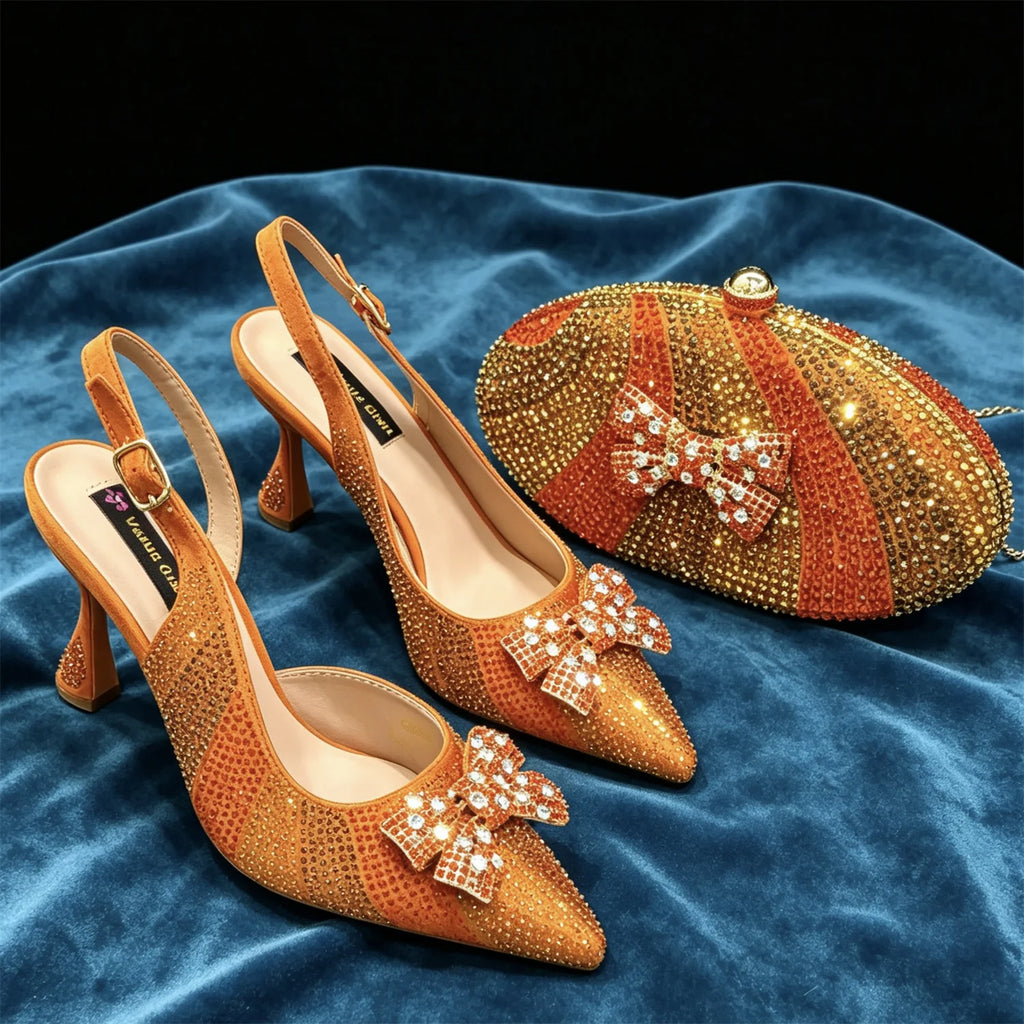 Elegant Nigerian-Inspired Rhinestone High Heels with Orange Mini Oval Bag - Stylish Women's Shoes for Special Occasions