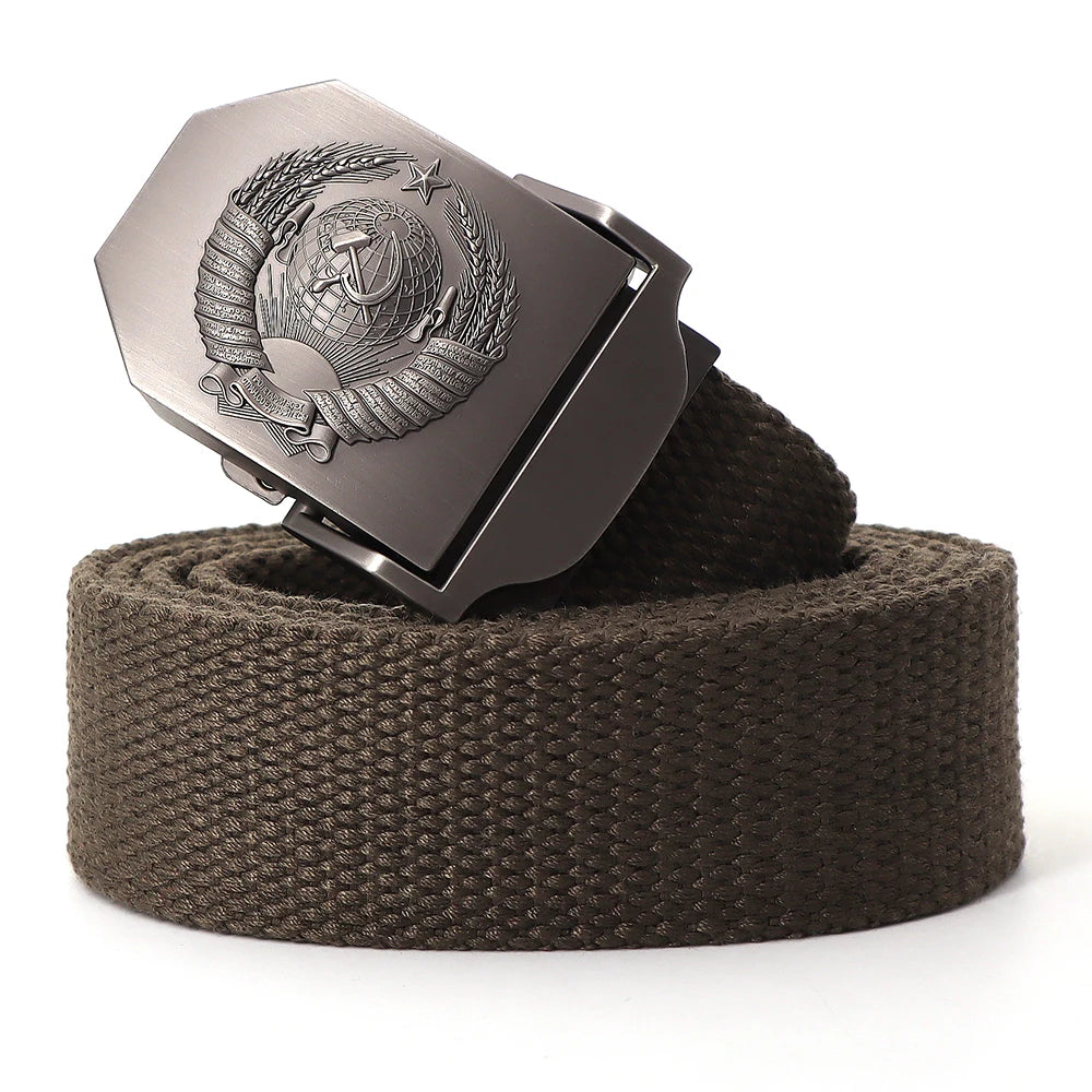 Mens Canvas Outdoor Tactical Army Belt 3D Soviet National Emblem Metal Buckle Unisex Jeans Belt for Men Military Training Belts