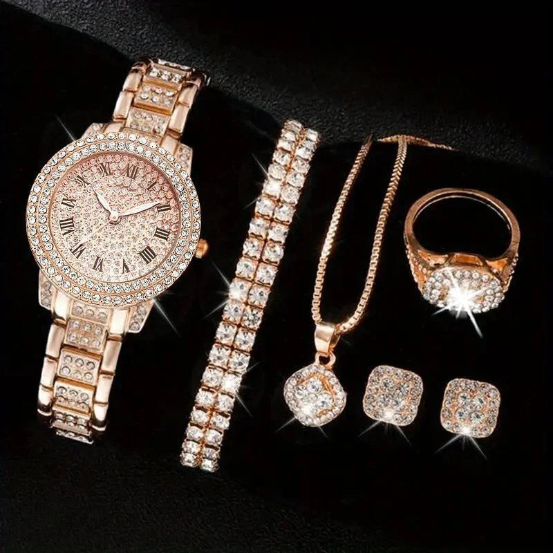 Full Diamond Roman Literal Steel Strip Watch with Starry Charm Business Quartz Watch Set