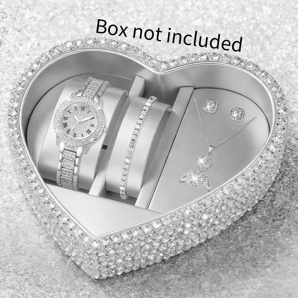 6PCS Elegant Rhinestone Roma Dial Women Watches Jewelry Set Ladies Alloy Strap Watch Reloj Mujer Girls Clock Gift (Without Box)