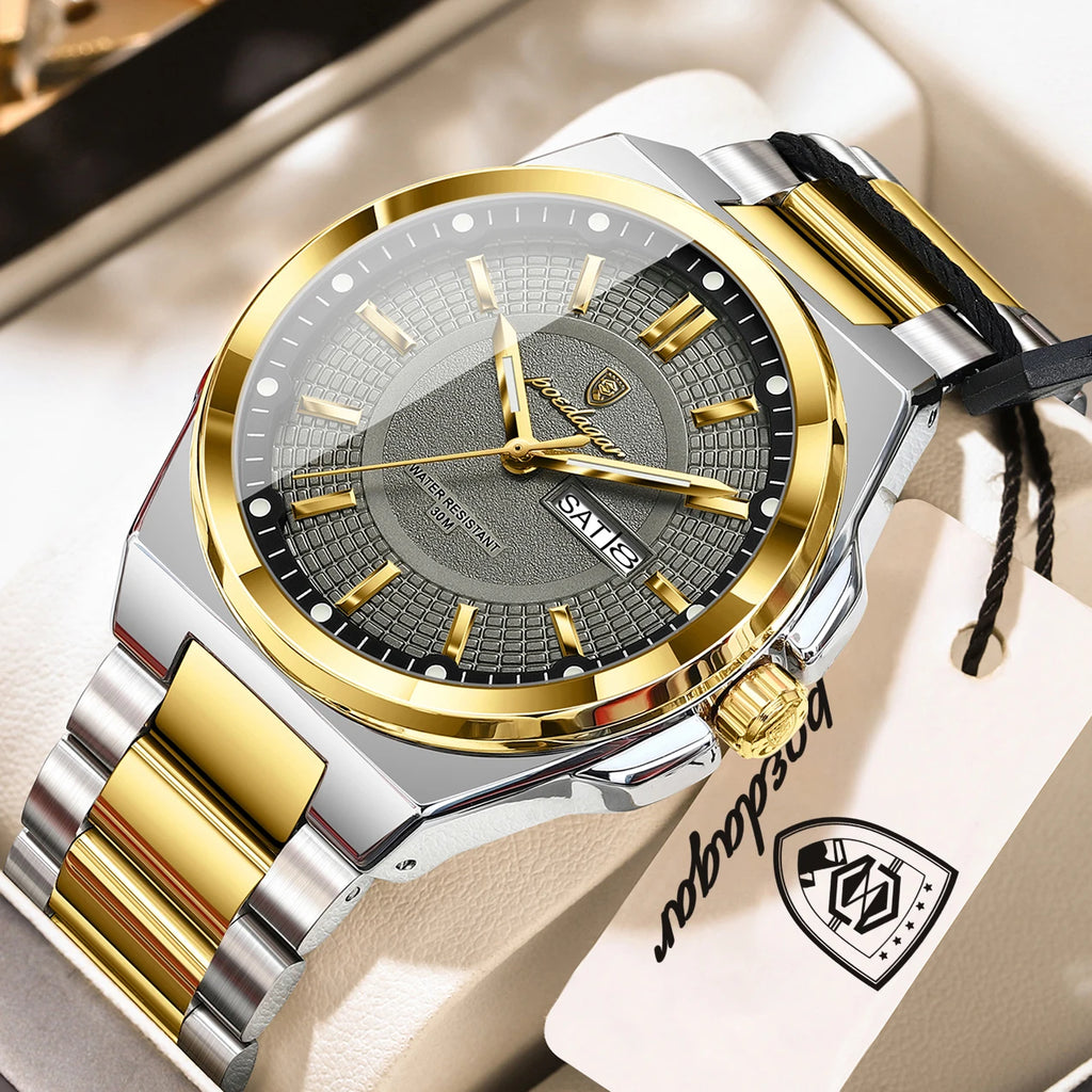 POEDAGAR Top Business Men Wristwatch Stainless Steel Waterproof Luminous Casual Man Watch Date Week Stylish Men's Quartz Watches