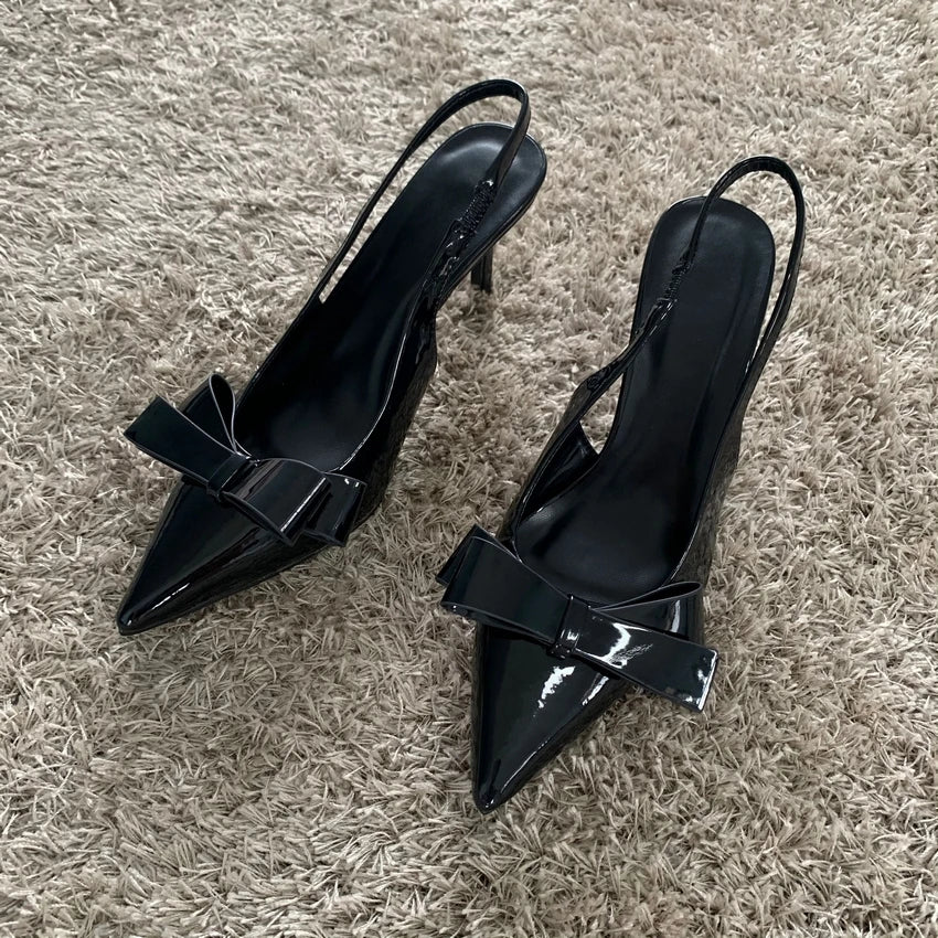 Women Black Bow High Heels Slingback Pointed toe Heeled for Woman Pumps Wedding Butterfly High heels Ladies Office Modern Heels