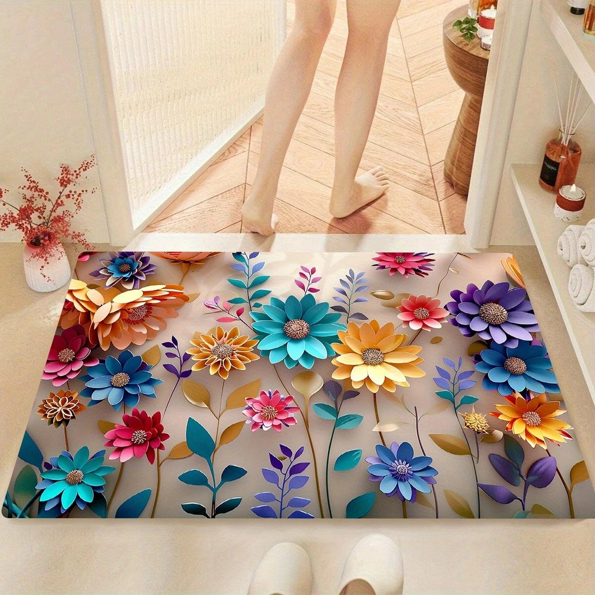 1pc multi-color floral print design bathroom mat, anti-slip, super absorbent and quick-drying shower floor mat, dry and soft ant