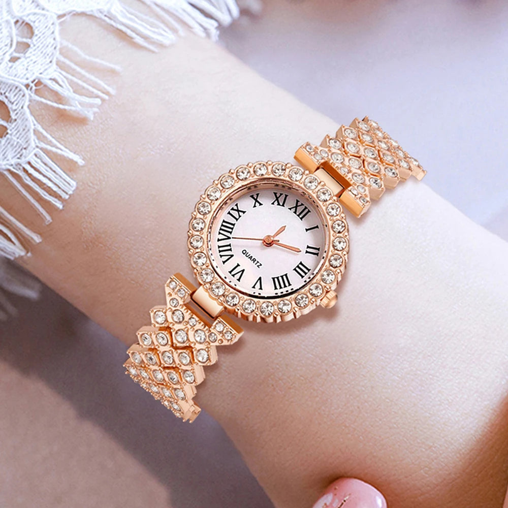 5Pcs/Set Unisex Jewelry Watches Women's Wristwatch Accessories Rose Gold Fashion Business Elegant Trendy Classic Exquisite Retro Light Luxury Rhinestone Luxury Bracelet Watch Set Y2K Suitable for Travel, Vacation, Parties, Da