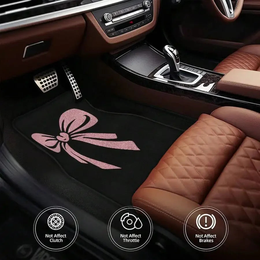 4 Piece Universal Car Floor Mats With Pink Bow Design Polyester All Weather Mat For Sedan SUV Truck