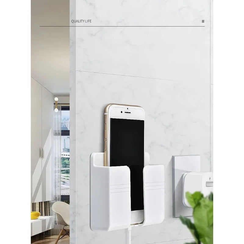 White Wall Mount Phone Holder with Lazy Desk Pad Remote Control Storage Box Punch Free Charging Stand for Mobile Phones