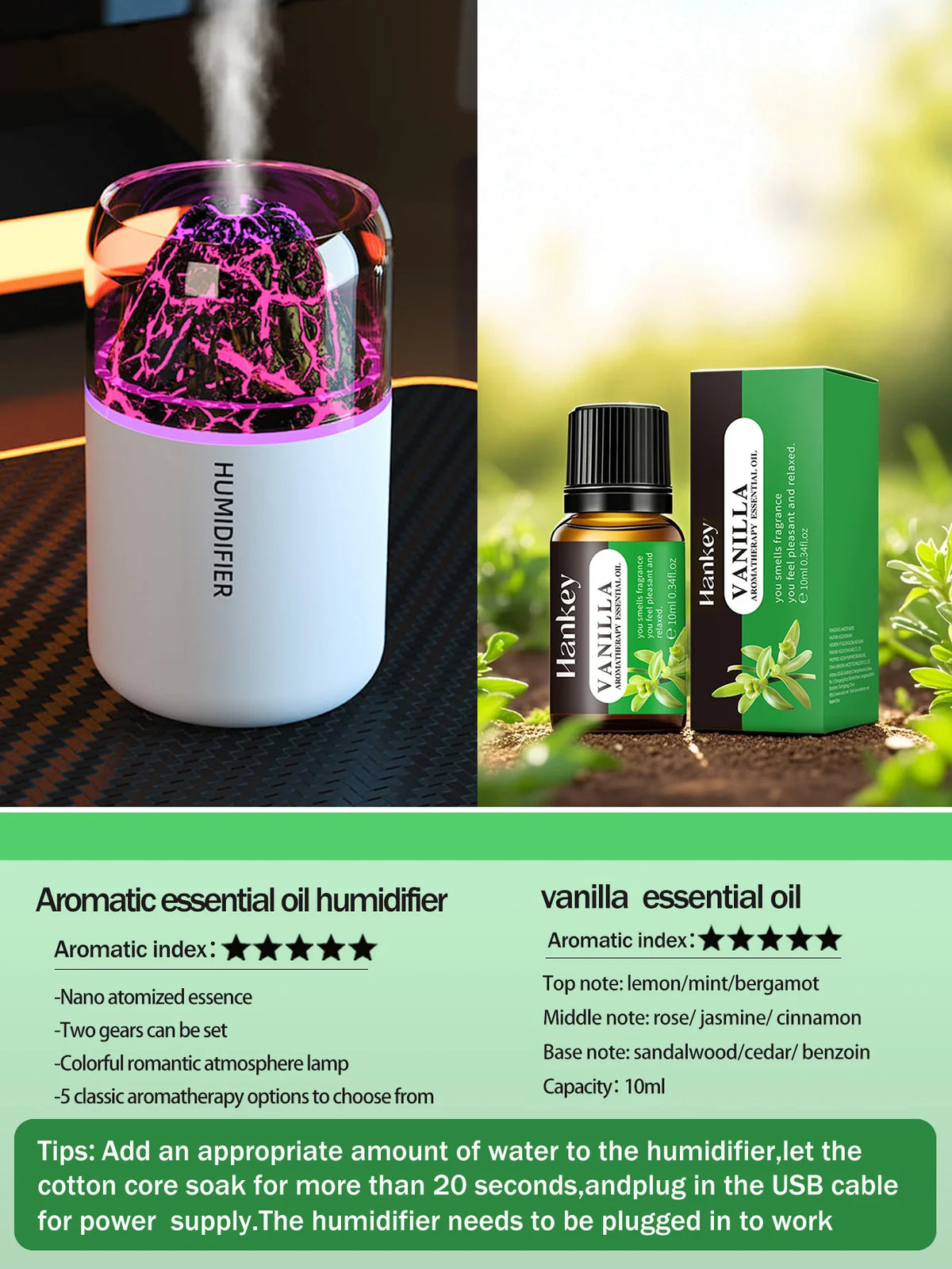 The simulated volcanic color lamp humidifier USB aromatherapy diffuser is suitable for use in cars, homes, bedrooms, as a gift,