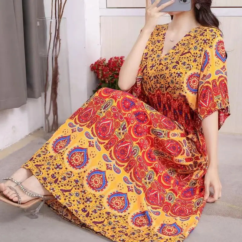 2025 Summer New Casual Elegant Retro Bohemian Style V-neck Elastic Waist Large Swing Printed Long Skirt Autumn Summer Dress