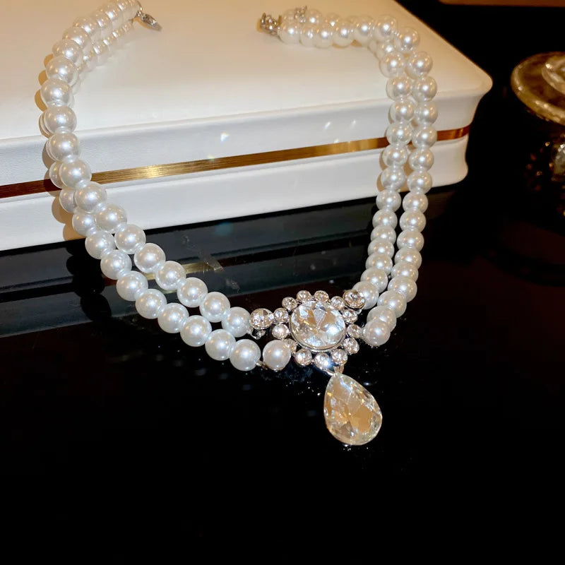 Luxury Rhinestone Crystal Chokers Necklaces For Women Multilayer Imitation Pearl Chain Necklace For Party Wedding Jewelry K-