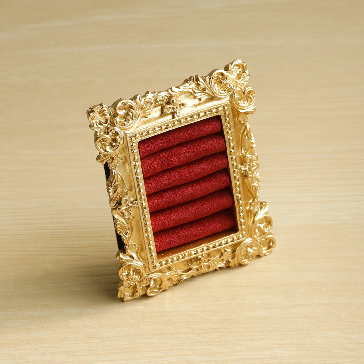 Vintage Gold Ring Display Stand,Suede Earring Tray Baroque Design,Wedding & Birthday Gifts, Velvet Organizer for Engagement Prop