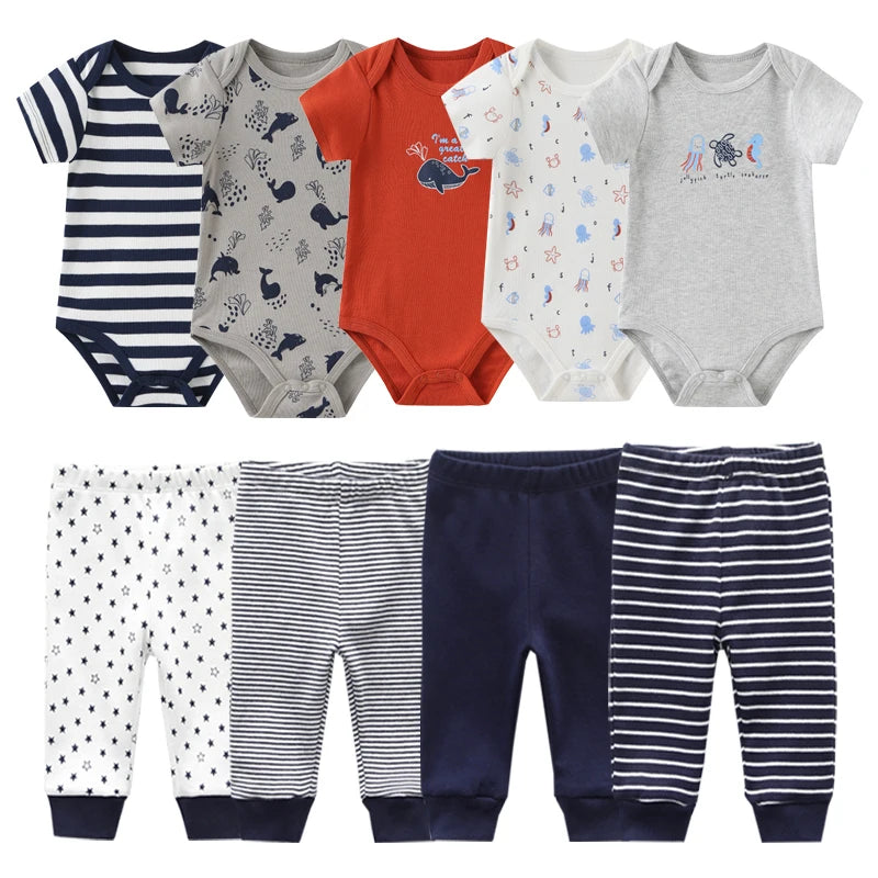 6/9/10PCS Baby Girl Clothes Newborn Solid Bodysuits+Pants Cotton Baby Boy Clothes Short Sleeve Girls Baby Clothing Cartoon