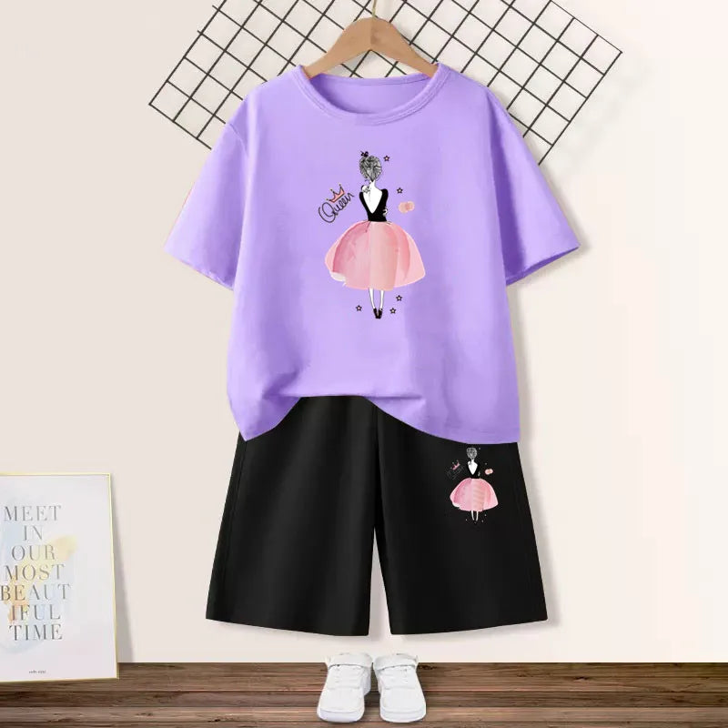 2024 Summer Girls Cotton Clothing Sets Kids Cute Cartoon Butterfly High Heel T-shirt +Shorts 2Pce Suits Childrens Tracksuits