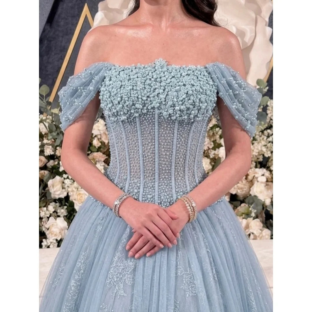 Bella Customized Lace Embroidery Floor-Length Prom Dress 3D Flower vestidos de noche Short Sleeve Crystal Evening Dresses 2026