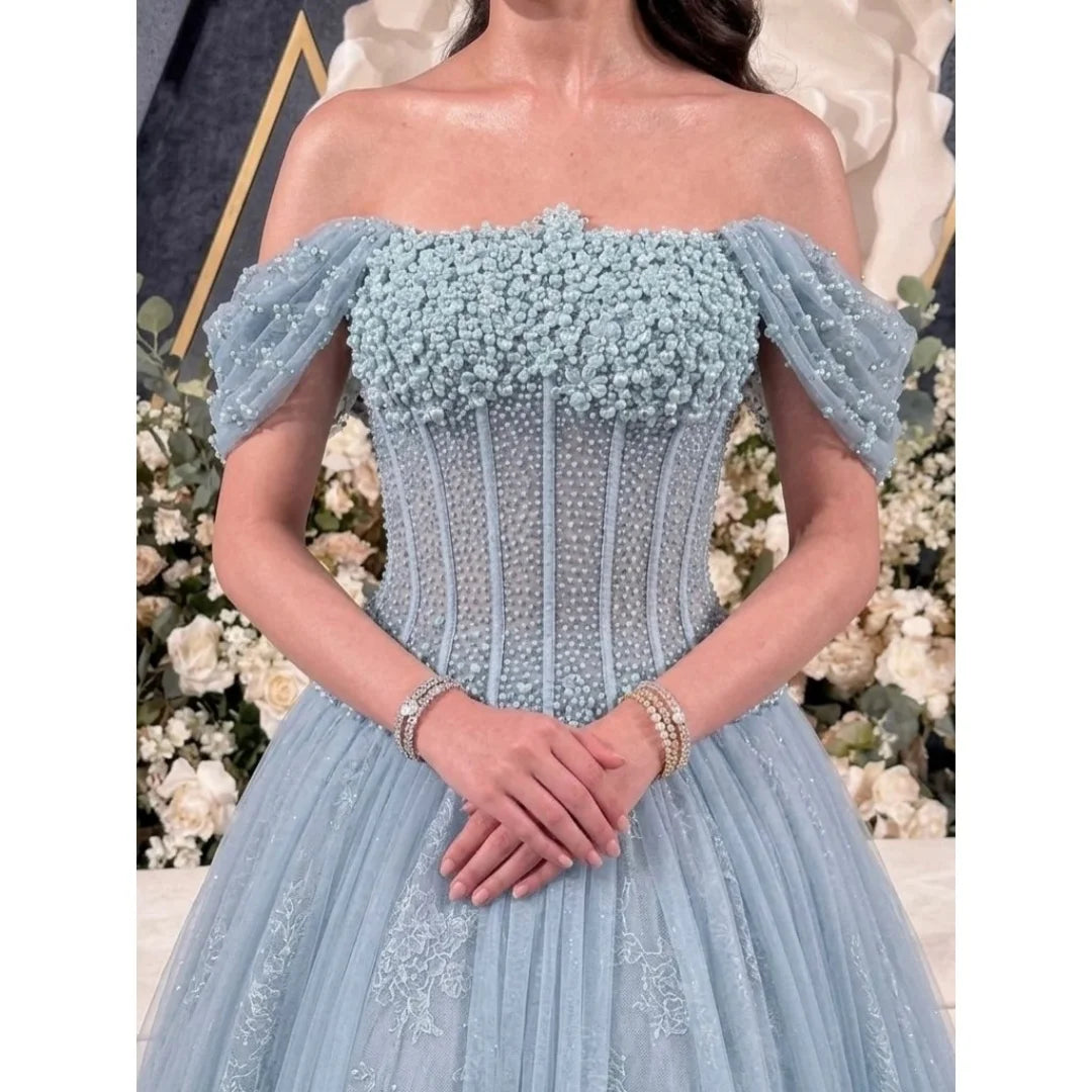 Bella Customized Lace Embroidery Floor-Length Prom Dress 3D Flower vestidos de noche Short Sleeve Crystal Evening Dresses 2026