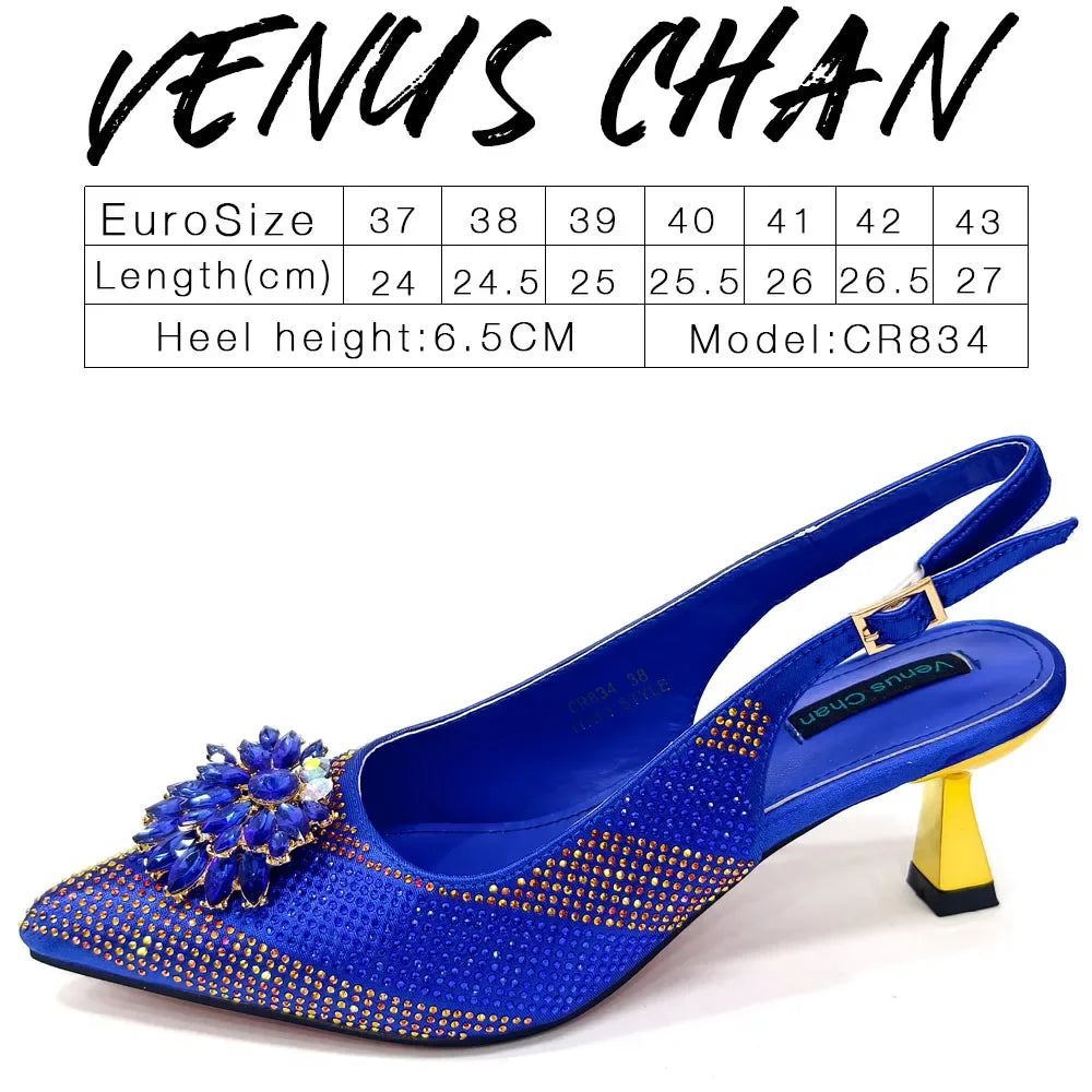 2024 Italian Design Rhinestone Luxury Wine Colour Pointed Toe Shoe & Bag Set Women's High Heels for Parties By Venus Chan