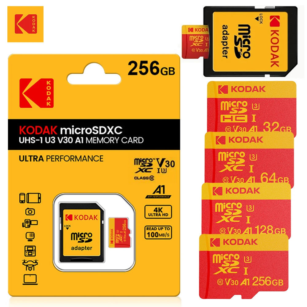 Original KODAK C10 Microsd 16GB 32GB 64GB 128GB 256GB 512GB Memory Card TF SDXC U3 Micro Sd Card with Adapter For Camera