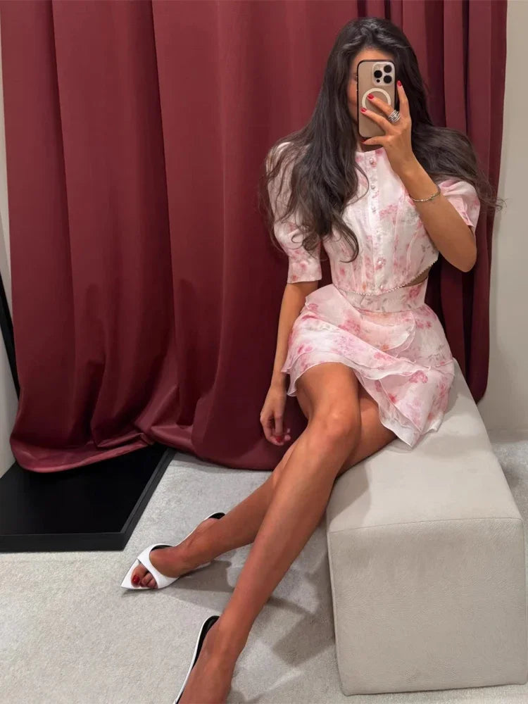 Floral Print Two Piece Set Women Puff Sleeve Crop Top Layered Ruffle Sexy Mini Skirt Sets Lady 2026 Summer Boho Beach Outfit