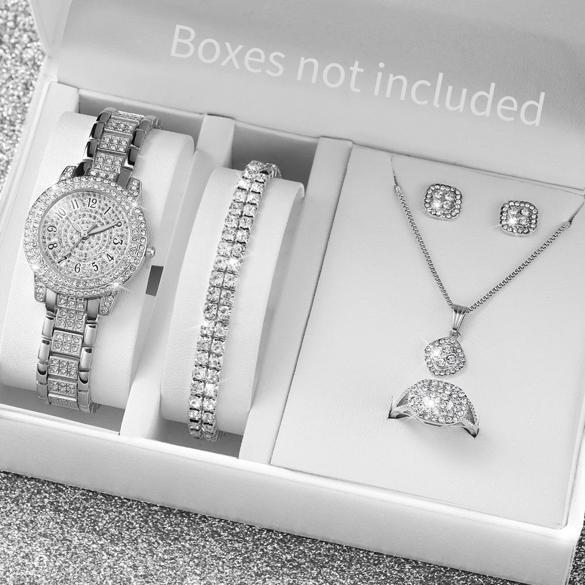 6PCS Fashion Full Diamond Women's Watch Gold Steel Band Analog Quartz Watches Jewelry Set（Without Box）