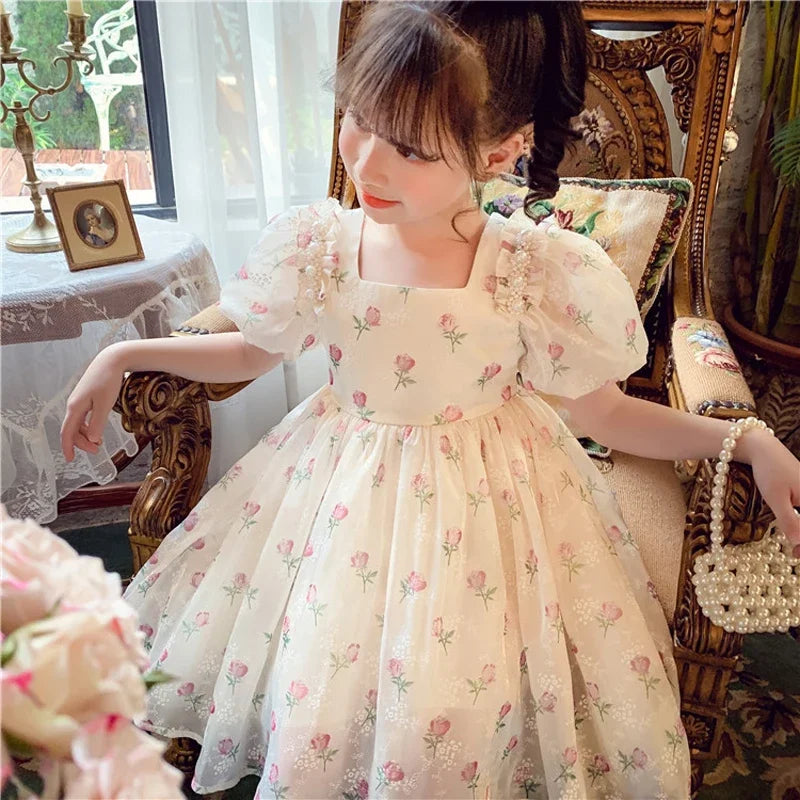 New Summer Princess Girls Dress Full Print Roses Flowers Pearl Inlay Decoration Puff Sleeve Bow Mesh Tutu Party Dresse For Kids
