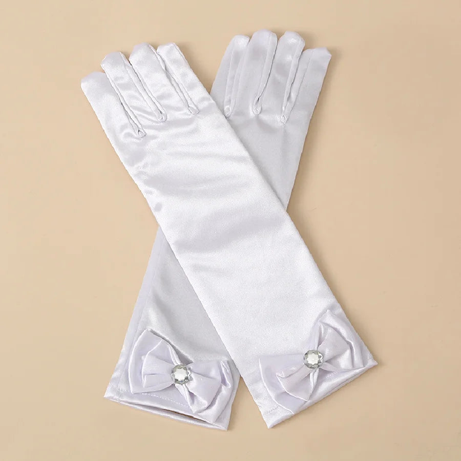 Children's satin princess gloves, girl's butterfly shiny face knot dance performance stage gloves, crystal all finger gloves