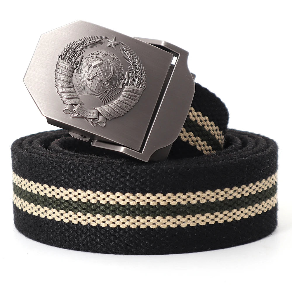 Mens Canvas Outdoor Tactical Army Belt 3D Soviet National Emblem Metal Buckle Unisex Jeans Belt for Men Military Training Belts