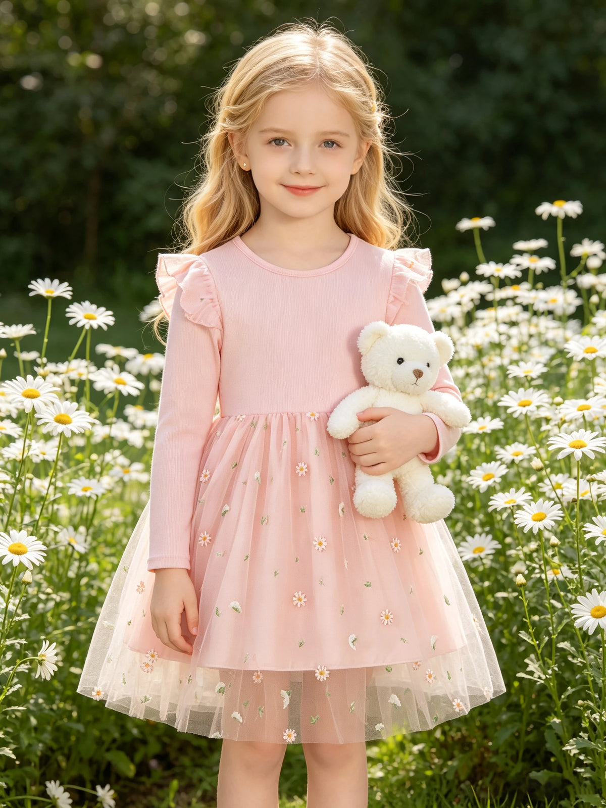 Girls' Autumn Floral Dress, Ribbed Long‑sleeve Spliced with Daisy Embroidery and Tulle Skirt, Gentle‑style Princess Dress for Gi