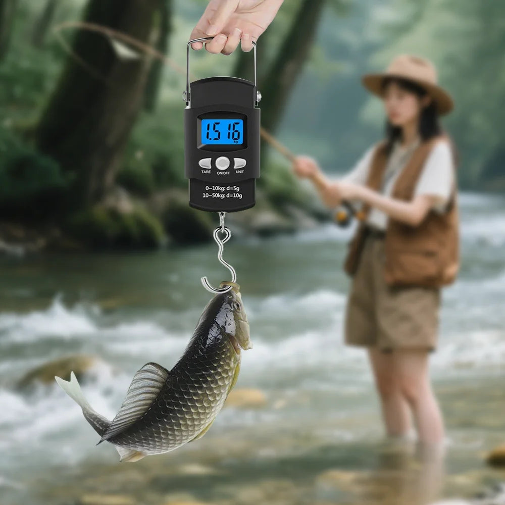 50kg/10g Portable LCD Electronic Hand Scale Travel Hanging Scale with100cm Long Retractable Measuring Tape Weigh Fish Vegetables