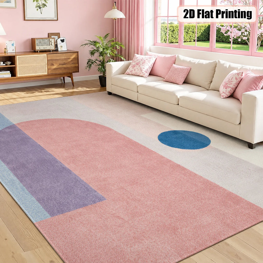 Large Indoor Area Rug, Soft Velvet Low Pile with Non-slip Dotted Backing, Machine Washable Modern Geometric Blush Pink & Light Blue Accent Rug for Living Room, Bedroom, Home Decor
