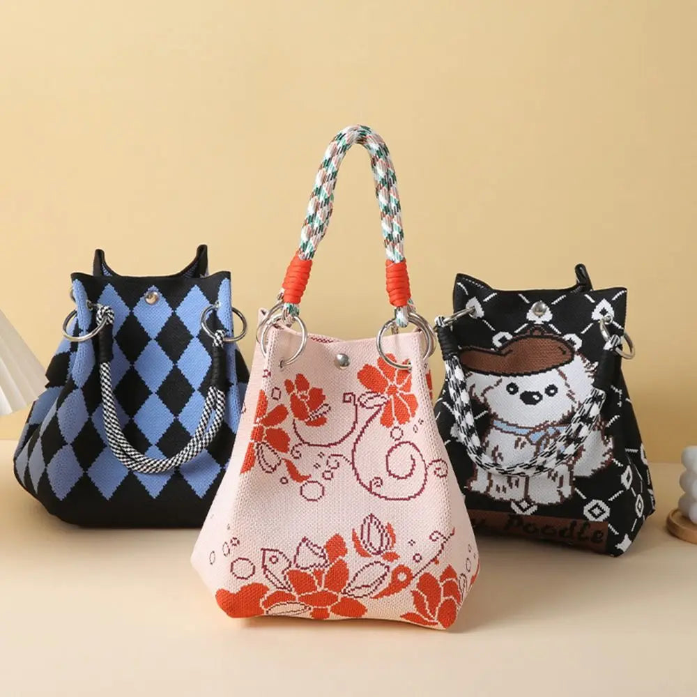 Cute Cartoon Knitted Bucket Bag Handmade Woven Ring Buckle Wrist Bag Large Capacity Tote Bag for Women Girls
