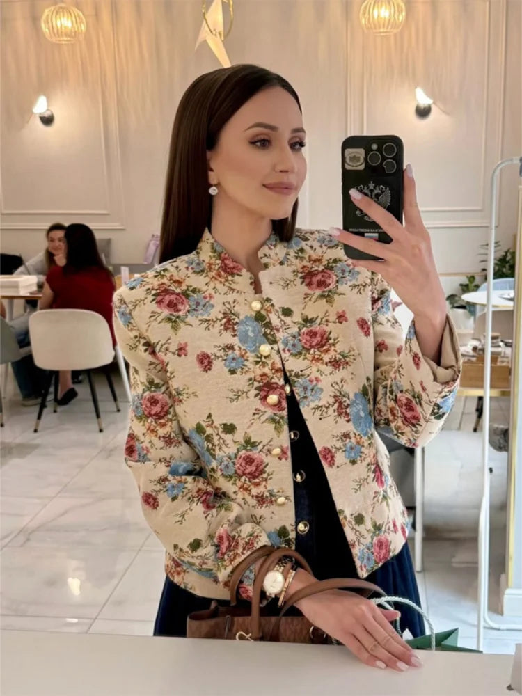 Women Vintage Floral Long Sleeve 2 Piece Set Elegant Stand Neck Cropped Jacket High Waist  Mini Skirt 2026 Daily Commute Outfit