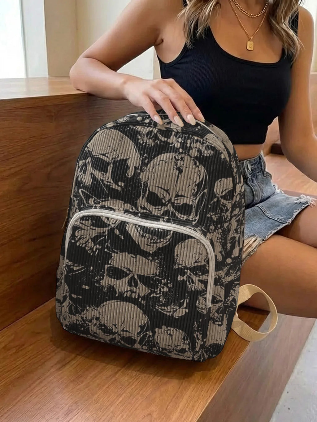 Gothic Skull Allover Print Women Fashion Backpack Corduroy Multi-pocket Large Capacity Commuter Bag
