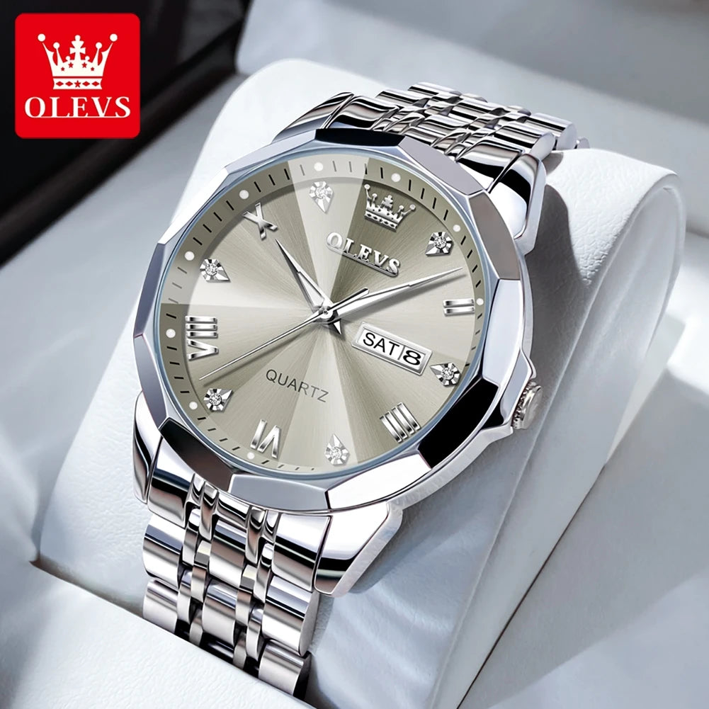 OLEVS Men's Watches Rhombus Mirror Original Quartz Watch for Man Waterproof Luminous Stainless Steel Wristwatch Male Date Week