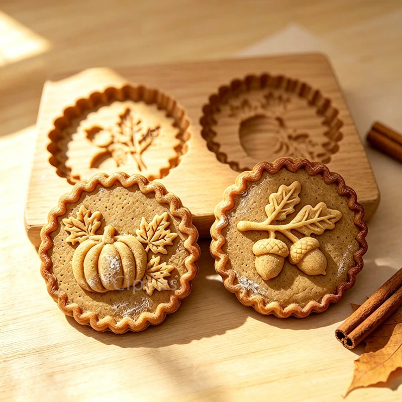 Wooden Cookie Mold Press for Baking, 3D Carved Beechwood Gingerbread Stamp, Halloween Pumpkin Ghost Embossing Cookie Cutter Mold