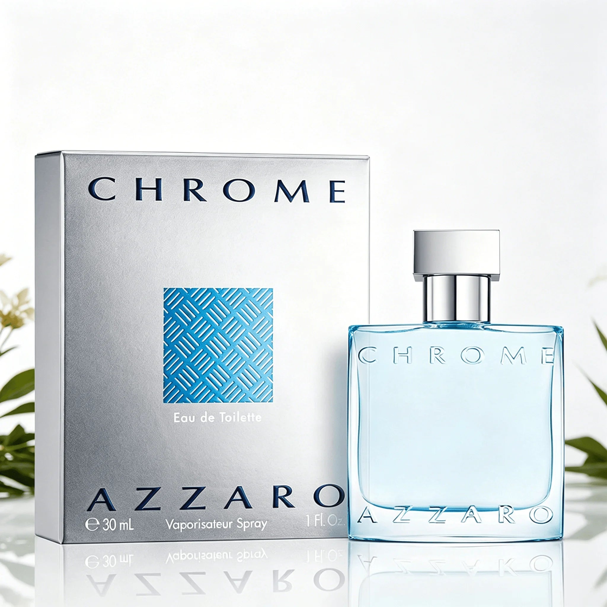 Azzaro Chrome EDT 100ML Perfume For Men Crisp Fresh Aquatic Citrus Marine Woody Aroma Long Lasting Minimalist Clear Light Blue Square Bottle Complete Silver Woven Pattern Box Dating Summer Travel Present