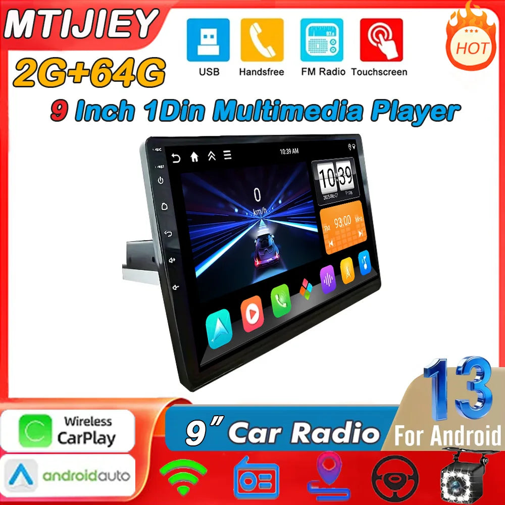 MTIJIEY 2+64G 9'' 4Core Android 13 1Din Car Multimedia CarPlay Universal Navigation GPS Headunit Auto Radio Audio Stereo DVD