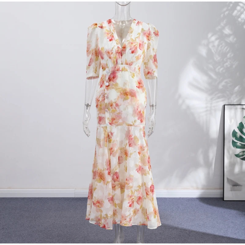 Women Printed V Neck Long Dress Flared Sleeve Lotus Leaf Edge High Waist Slim Fit Maxi Dresses Lady Elegant Evening Party Dress