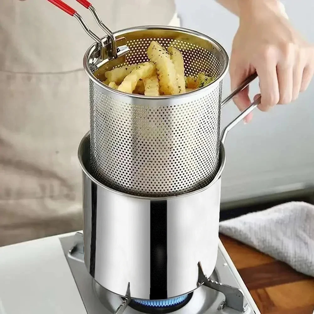 Stainless Steel Deep Fryer with Basket Multi Purpose Home Commercial Use for Frying Tempura Chicken Anti Slip Base Cool Touch