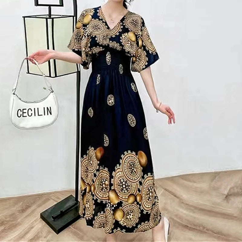 2025 Summer New Casual Elegant Retro Bohemian Style V-neck Elastic Waist Large Swing Printed Long Skirt Autumn Summer Dress