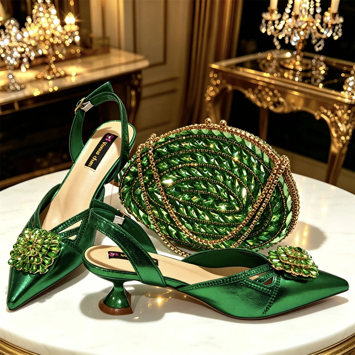2026 Italian Peach Gold Rhinestone HAND CRAFTED UPPER Pointed Toe Women High Heels Shoes and Bag Set Elegant Party Shoes