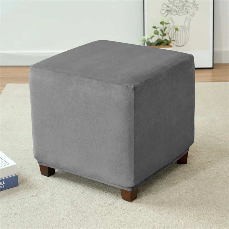 Velvet Square Ottoman Cover Soft Elastic Footrest Slipcovers for Living Room House Pouf Stool Covers Furniture Protector Case