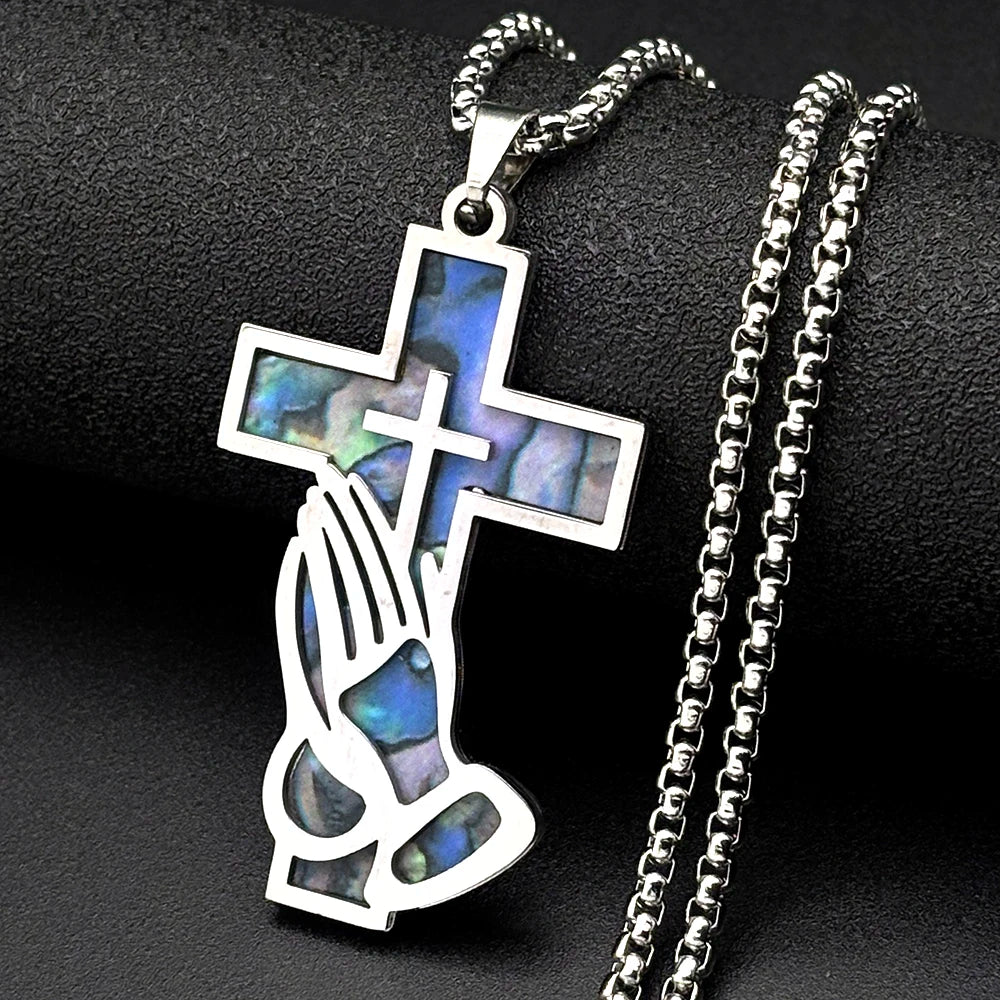 Jesus Cross Praying Hand Imitation Abalone Shell Stainless Steel Pendant Necklaces for Women Men Gold Color Christian Jewelry